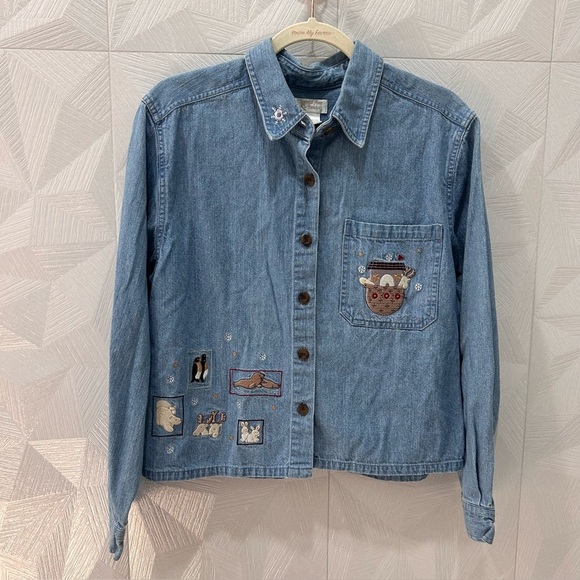 Christopher & Banks Tops - Christopher & Banks Embroidered Noah’s Ark Denim Button Up Long Sleeve Shirt med